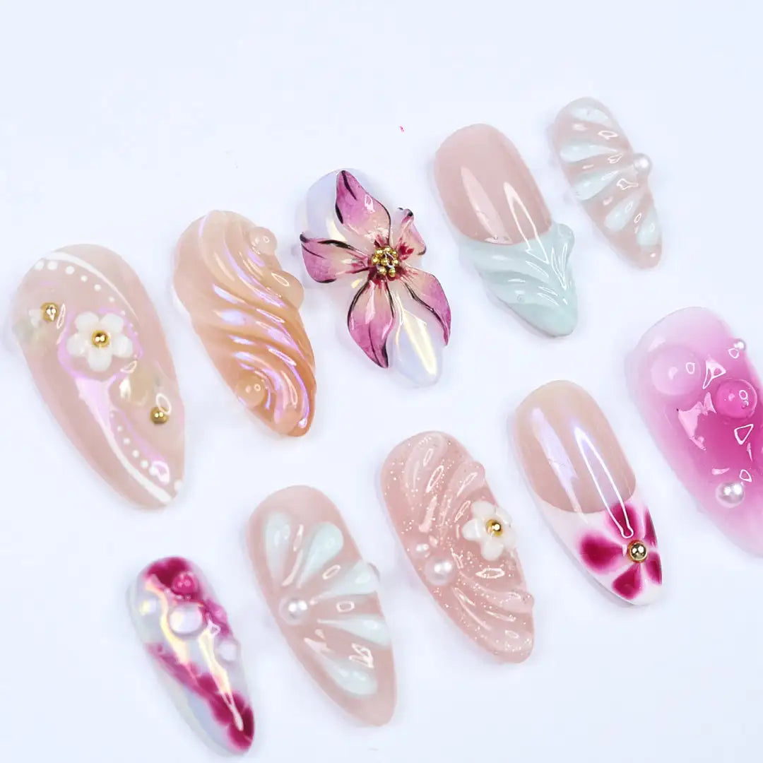 Handmade Pink Pearl Floral Iridescent Elegant 3D Bloom Press on Nails X44