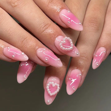 Handmade Pink Pearl Heart Glossy Romantic Valentine Press on Nails D83
