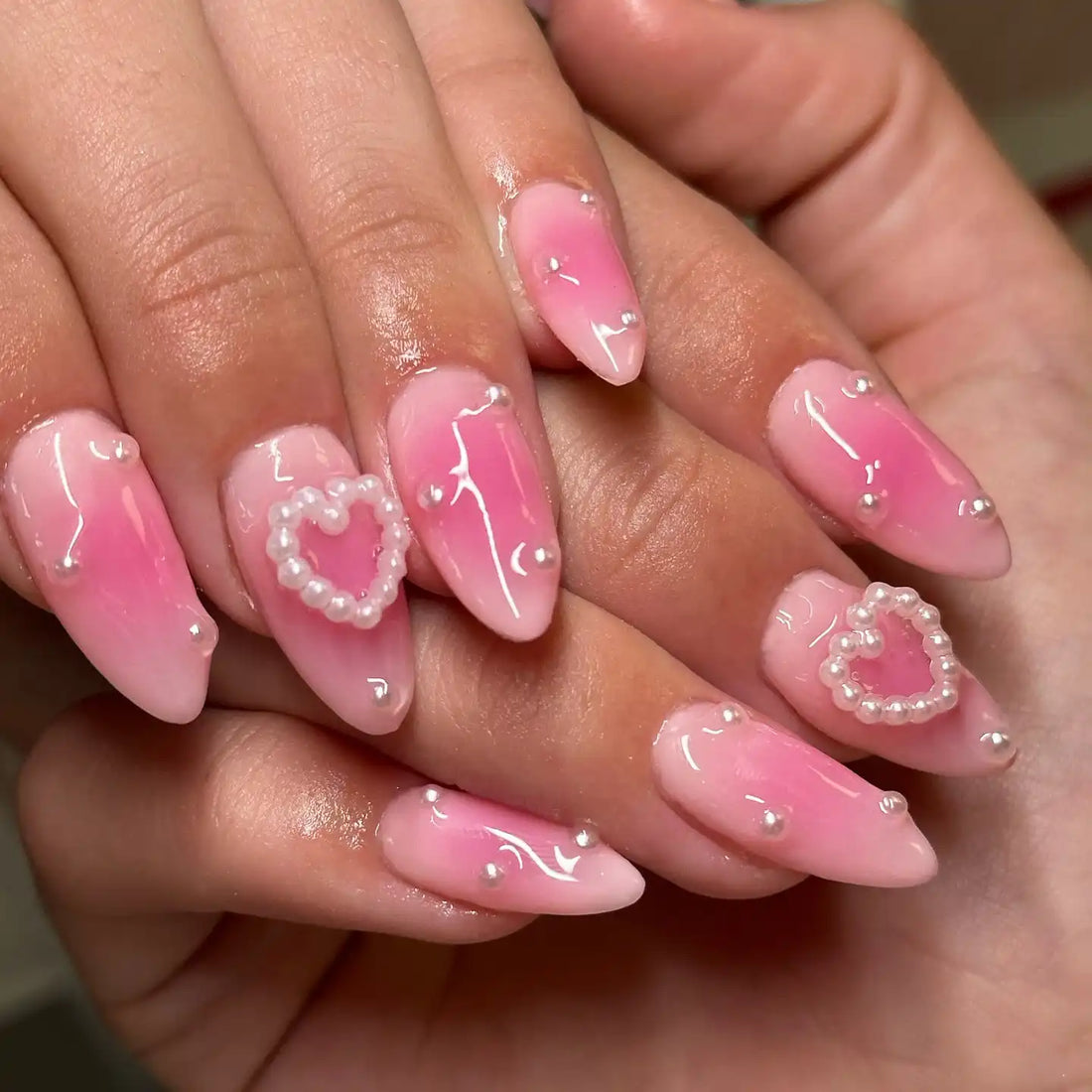 Handmade Pink Pearl Heart Glossy Romantic Valentine Press on Nails D83