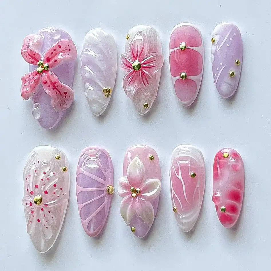 Handmade Pink Purple 3D Flower Gold Accent Girly Press on Nails N58