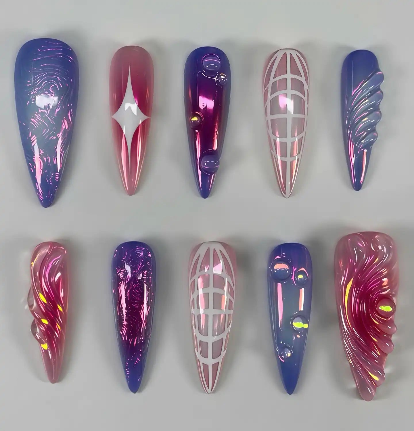 Handmade Pink Purple Chrome Star Glow Abstract Fantasy Press on Nails A08