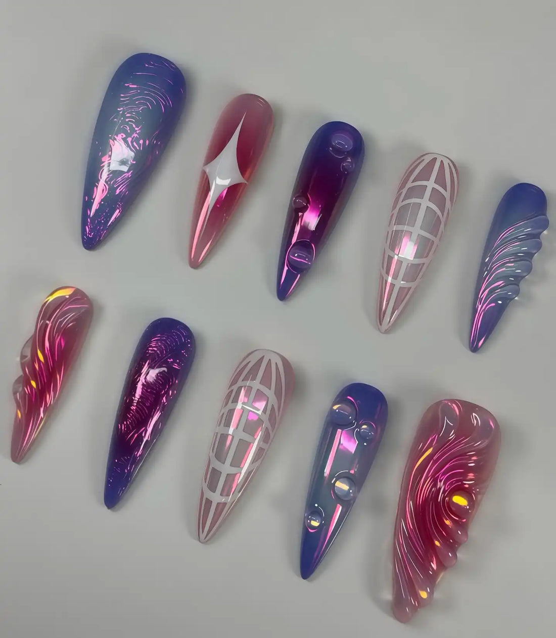 Handmade Pink Purple Chrome Star Glow Abstract Fantasy Press on Nails A08