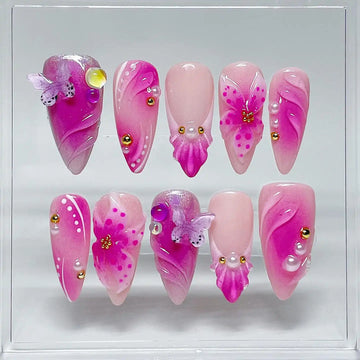 Handmade Pink Purple Floral Butterfly Pearls Gold Spring Press on Nails V78