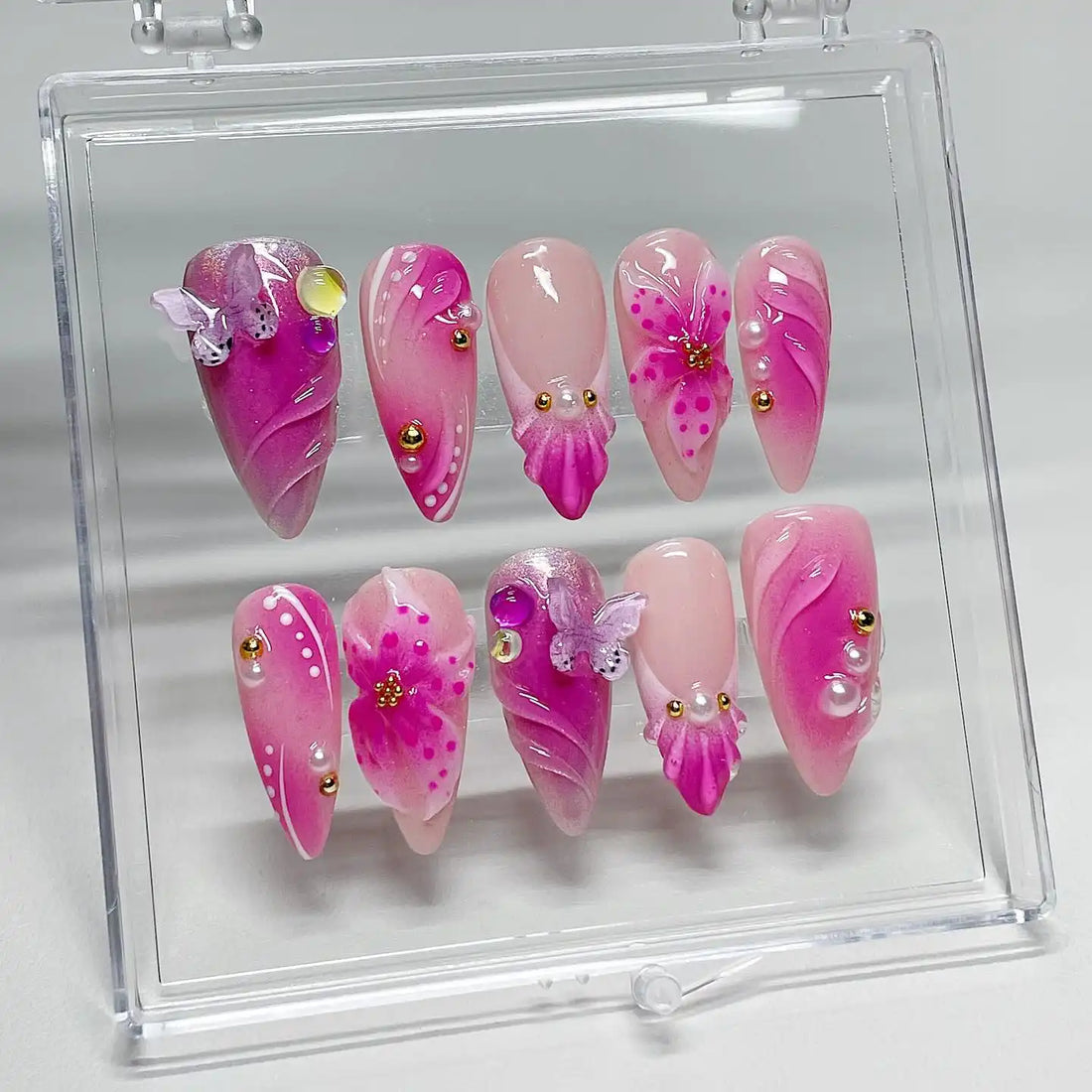 Handmade Pink Purple Floral Butterfly Pearls Gold Spring Press on Nails V78