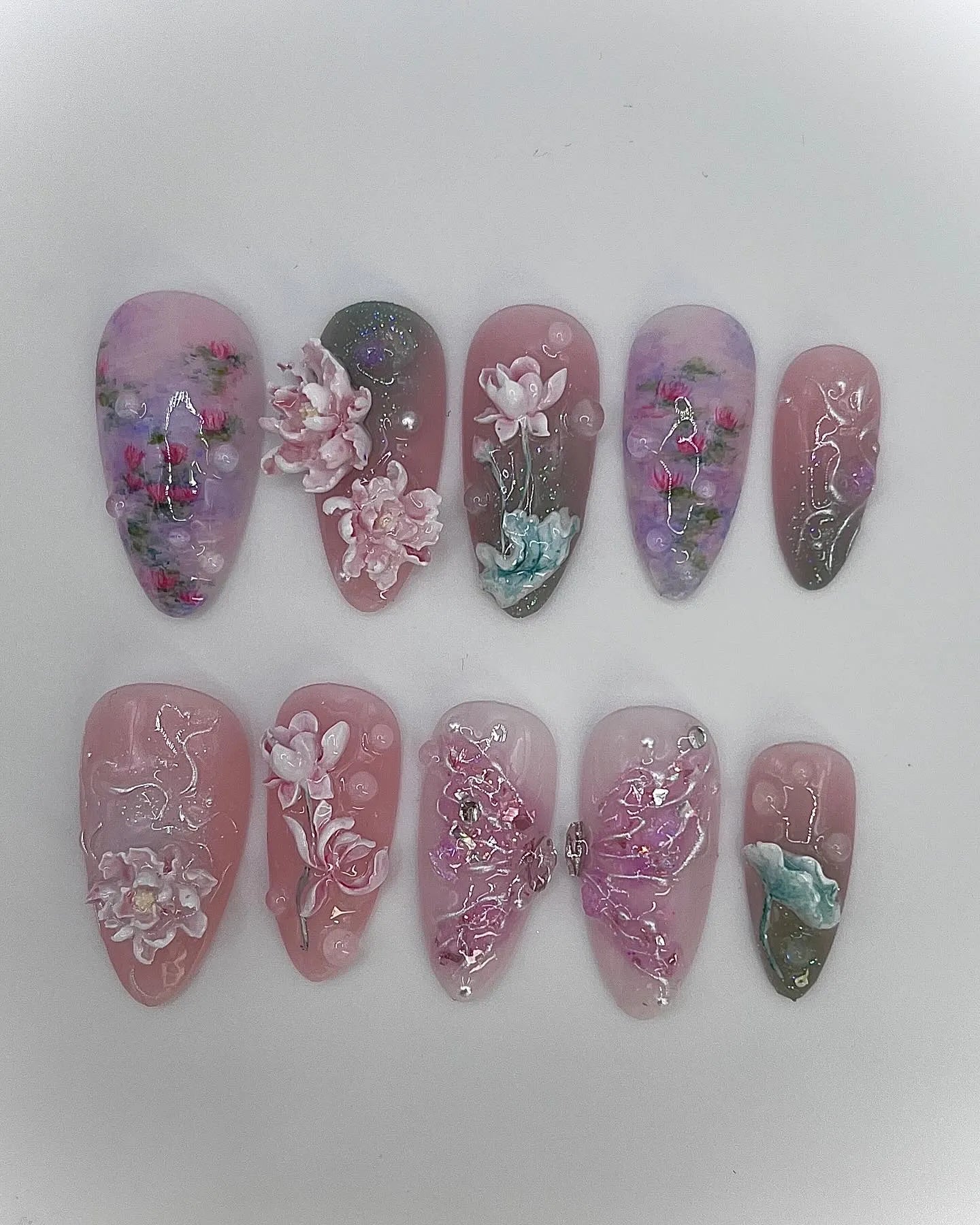 Handmade Pink Purple Water Lily Lotus 3D Flower Koi Pond Press on Nails N06