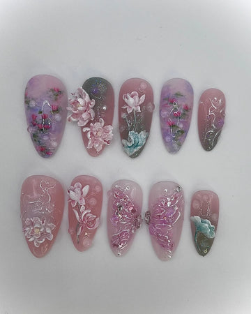 Handmade Pink Purple Water Lily Lotus 3D Flower Koi Pond Press on Nails N06