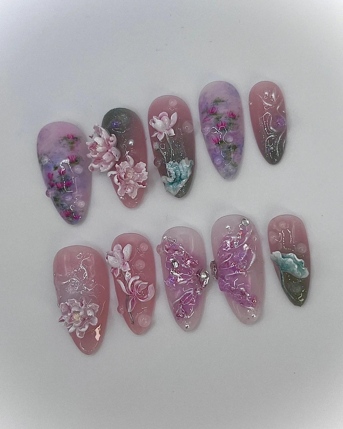 lily flower nail art Handmade Pink Purple Water Lily Lotus 3D Flower Koi Pond Press on Nails N06 Long Oval / Help me size (contact us)