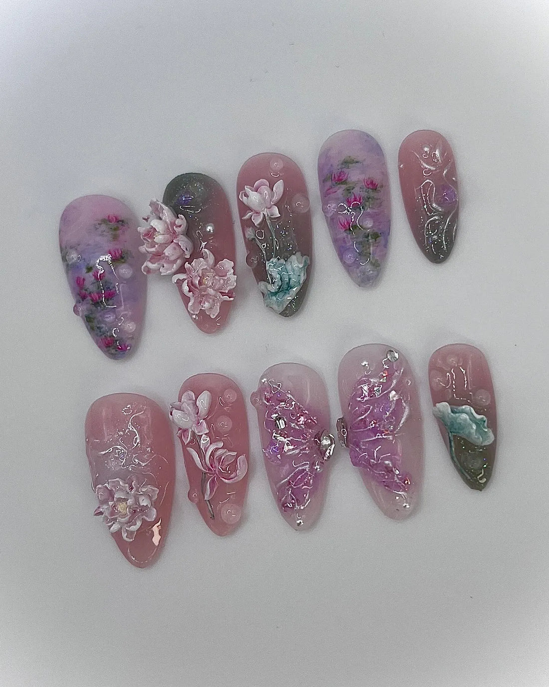 Handmade Pink Purple Water Lily Lotus 3D Flower Koi Pond Press on Nails N06