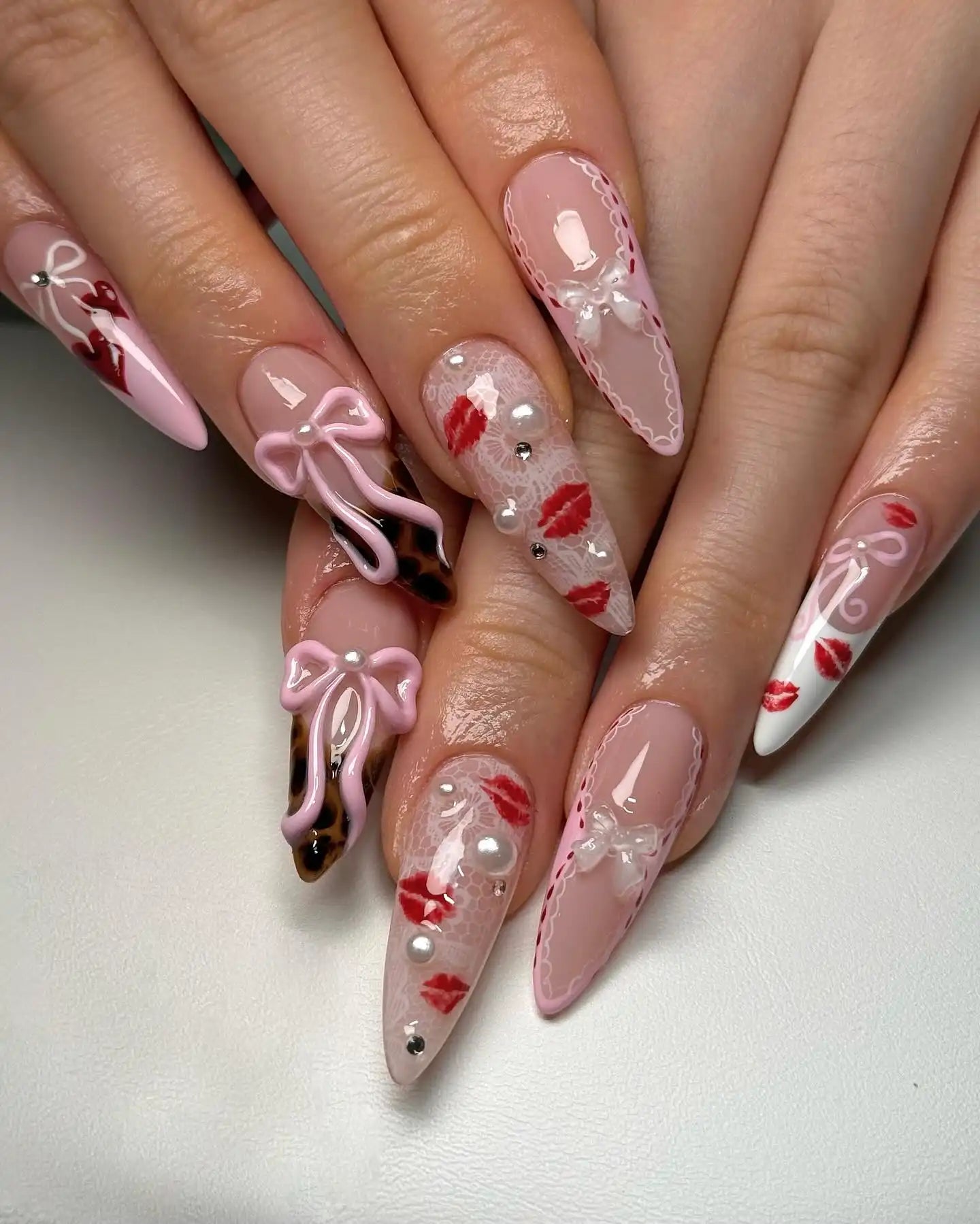Handmade Pink Ribbon and Red Lips Long Almond Press on Nails R77