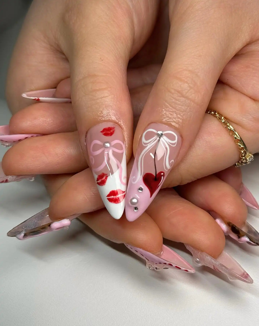 Handmade Pink Ribbon and Red Lips Long Almond Press on Nails R77