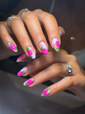 Handmade press-on nails with pink rose garden hand-painted French tips