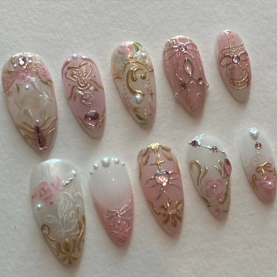 Handmade Pink Rose Gold Heart Baroque Bow Pearl Elegant Press on Nails A90