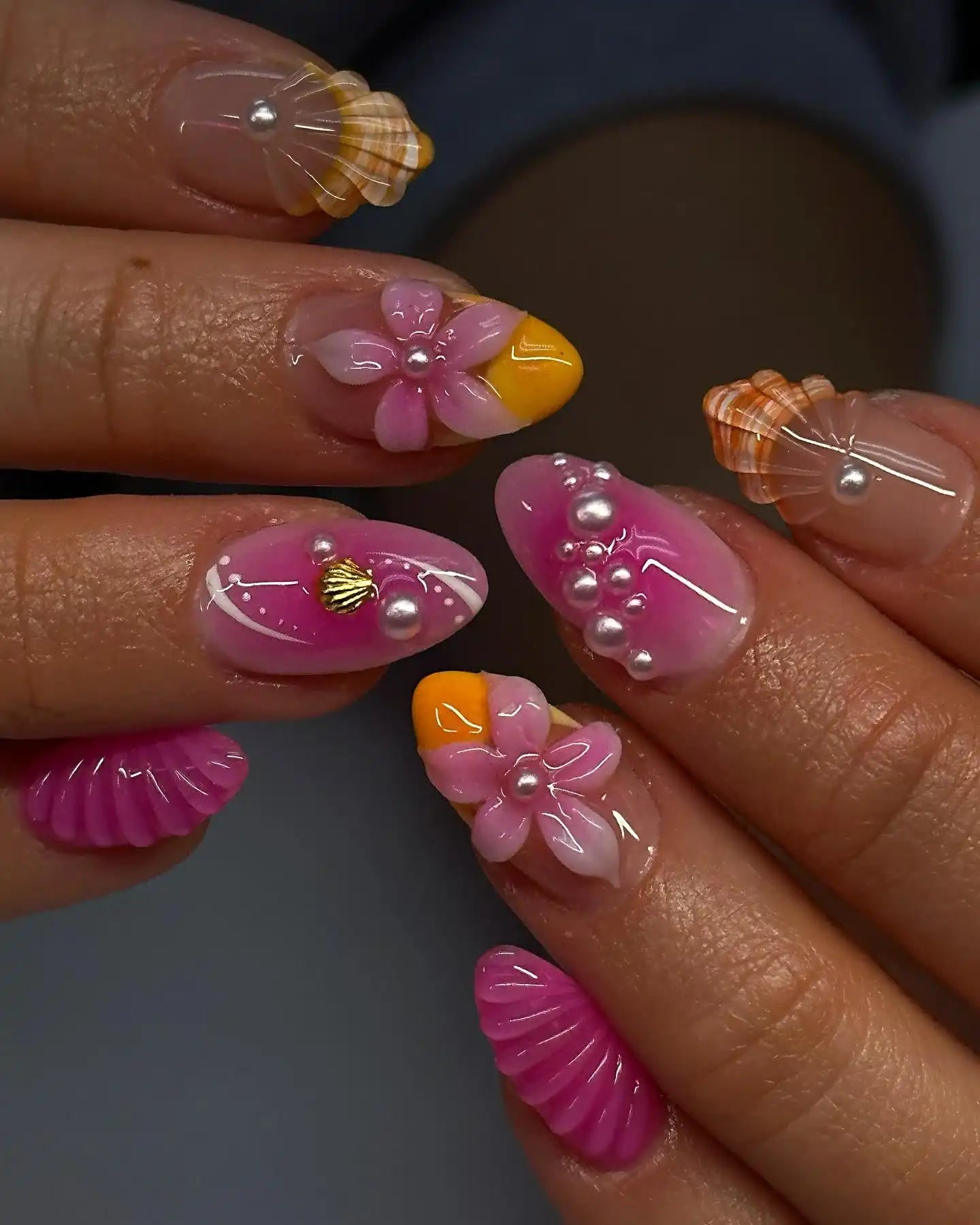 Handmade Pink Shell 3D Flower Pearl Summer Beach Press on Nails R50