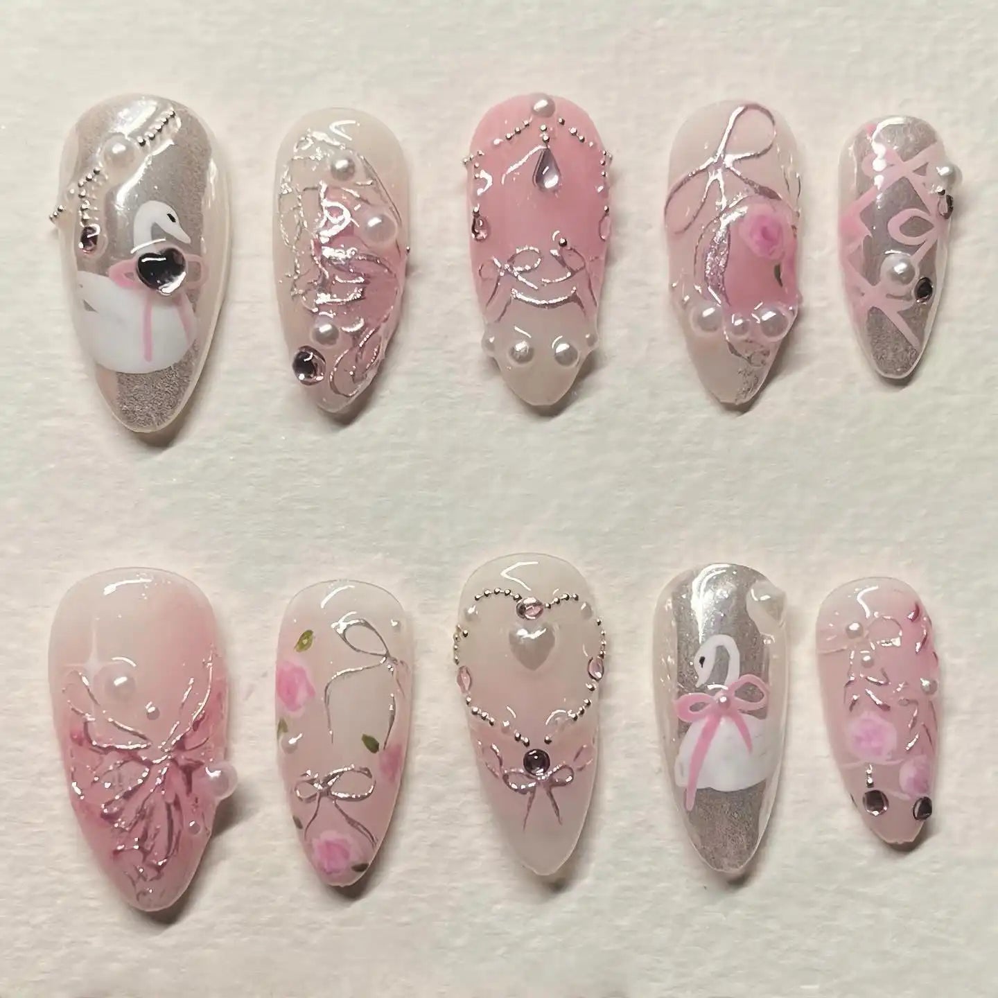 Handmade Pink Silver Swan Romantic Ribbon Floral Press on Nails W17