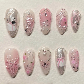 Handmade Pink Silver Swan Romantic Ribbon Floral Press on Nails W17