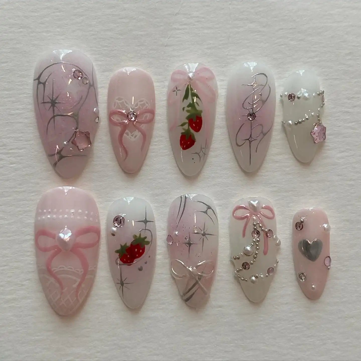 Handmade Pink Strawberry Bow Crystal Pearl Sparkle Press on Nails V96