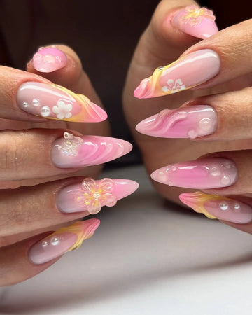 Handmade Pink Sunset Ombre 3D Swirl Flower Pearl Detail Press on Nails O37