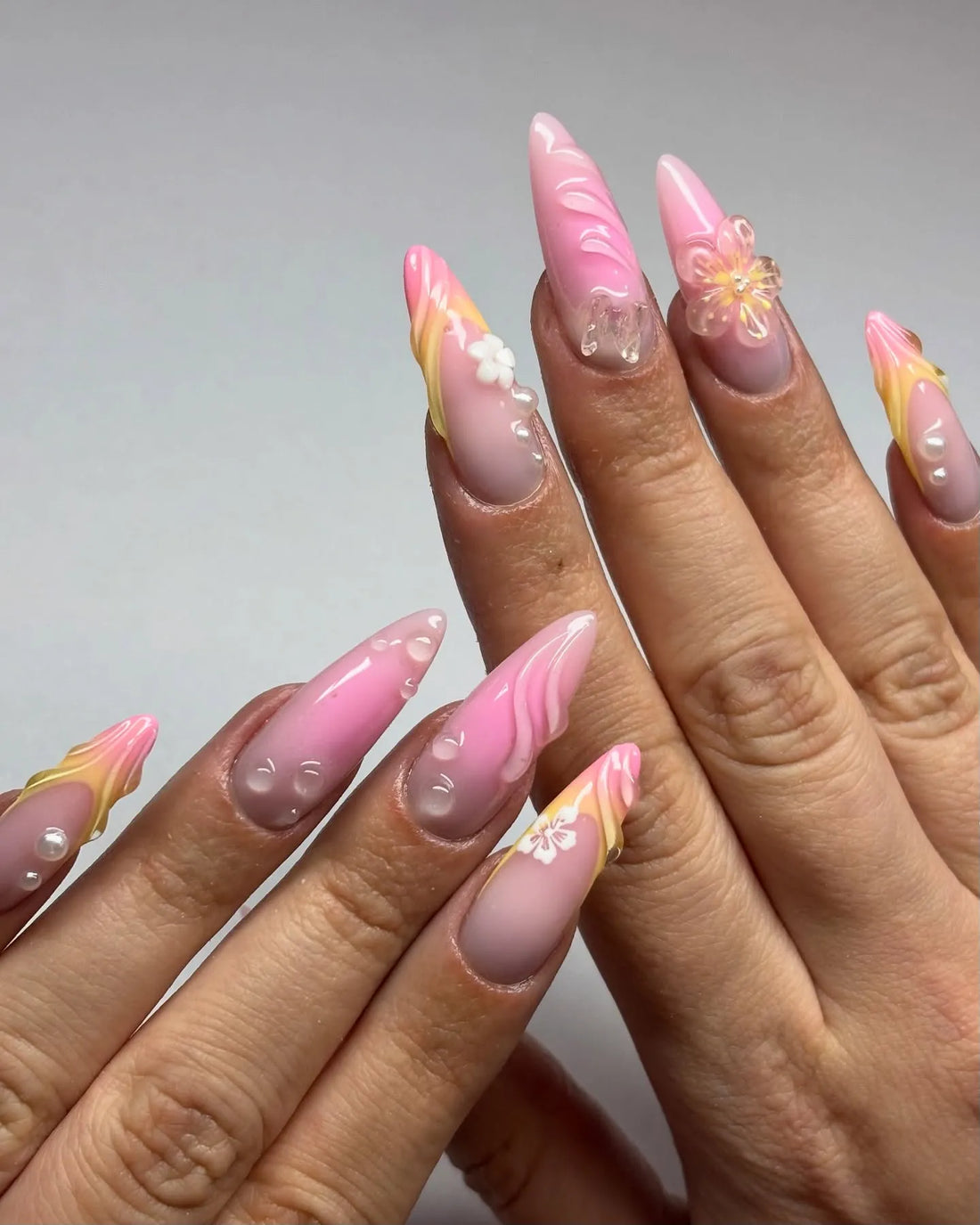 Handmade Pink Sunset Ombre 3D Swirl Flower Pearl Detail Press on Nails O37