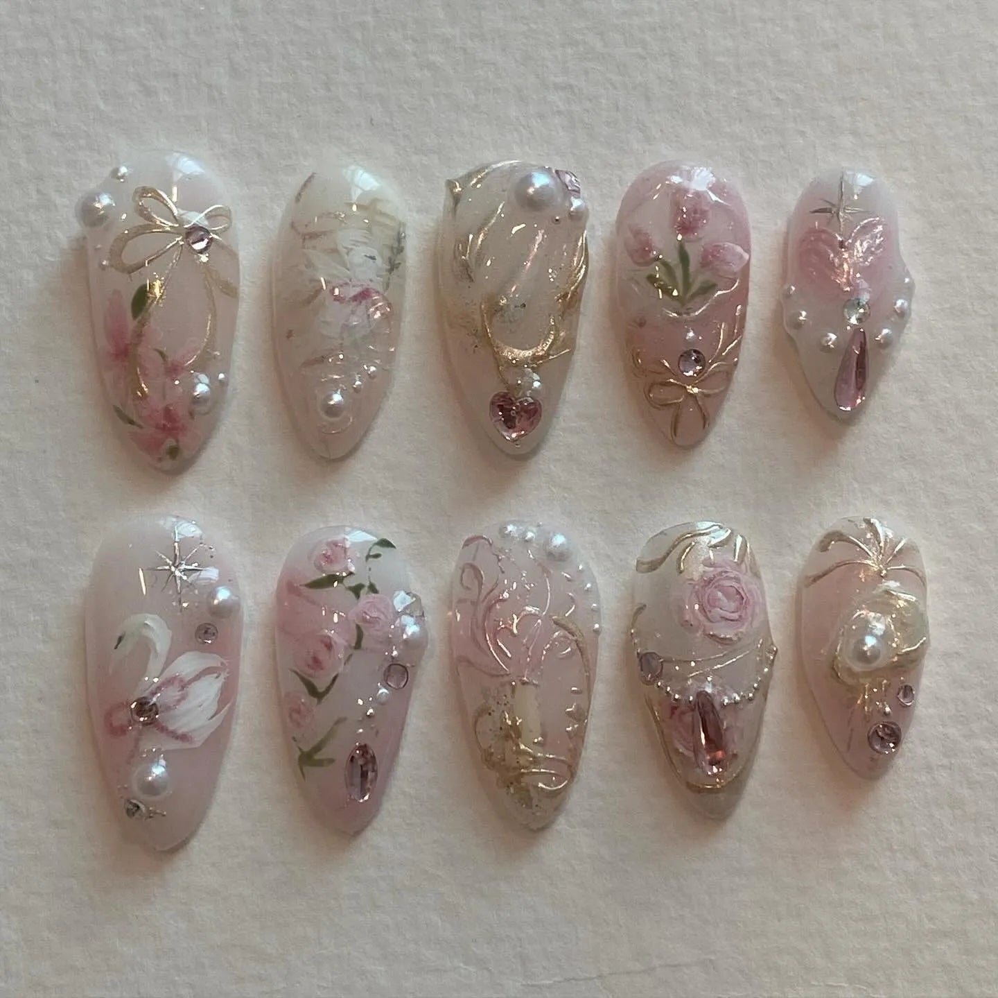Handmade Pink Swan Gold Vine Pearl Floral Bow Bridal Press on Nails A70