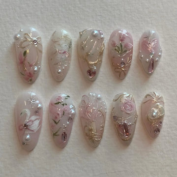 Handmade Pink Swan Gold Vine Pearl Floral Bow Bridal Press on Nails A70