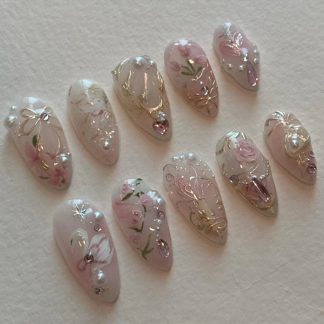 Handmade Pink Swan Gold Vine Pearl Floral Bow Bridal Press on Nails A70