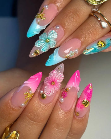 Handmade pink and teal beach mermaid 3D floral shell pearl press-on nails
