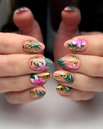 Handmade Pink Tropical Hibiscus Golden Palm Leaf Floral Press on Nails N49