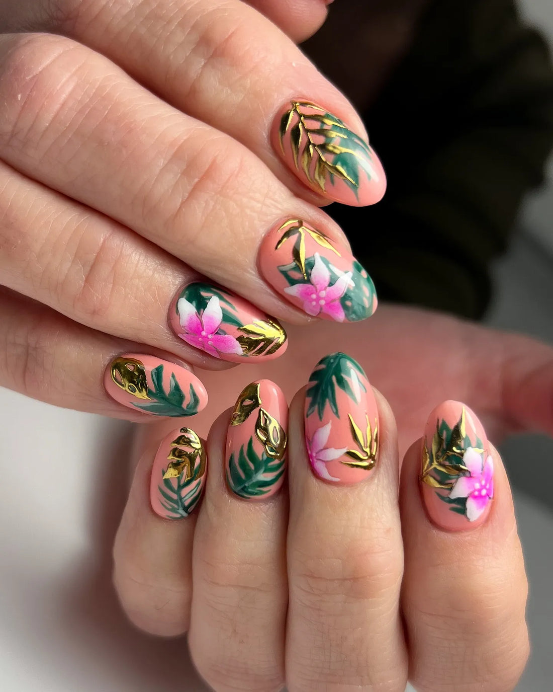 Handmade Pink Tropical Hibiscus Golden Palm Leaf Floral Press on Nails N49