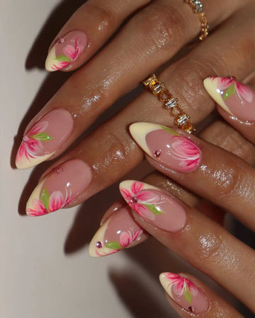 Handmade Pink Tulip Flower French Manicure Spring Press on Nails A07