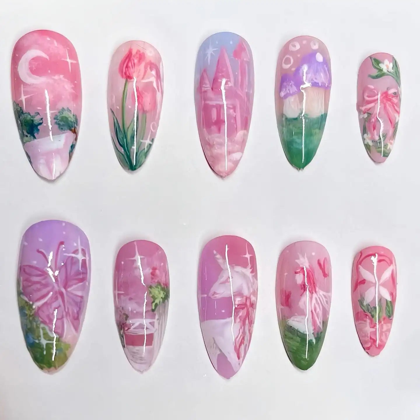 Handmade Pink Unicorn Castle Floral Fantasy Dreamy Press on Nails W01