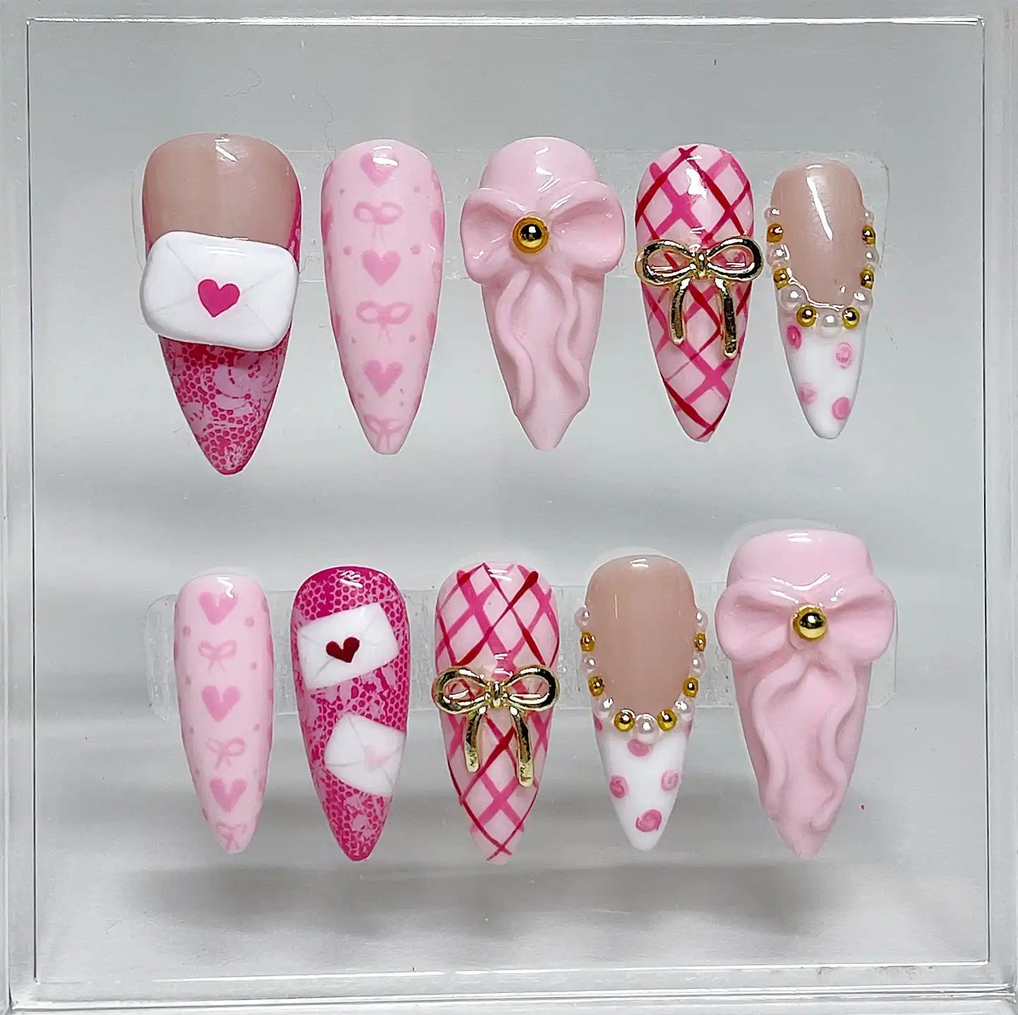 Handmade Pink Valentine Heart Bow Envelope Romantic Press on Nails R78