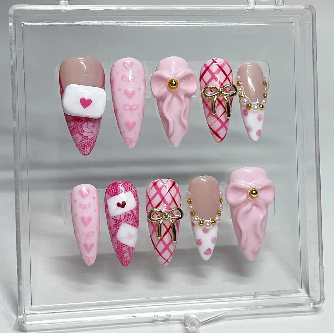 Handmade Pink Valentine Heart Bow Envelope Romantic Press on Nails R78