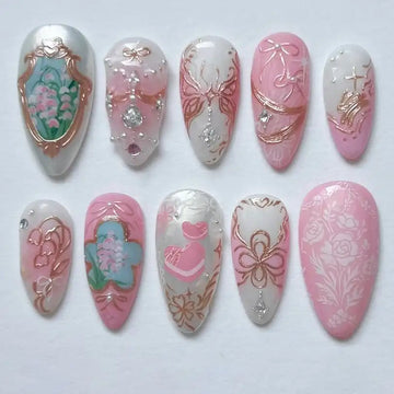 Handmade Pink White Lily Rose Gold Foil Bow Floral Garden Press on Nails P54