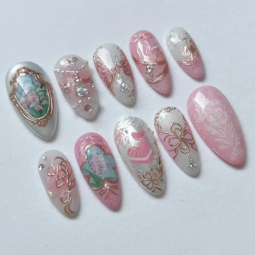 Handmade Pink White Lily Rose Gold Foil Bow Floral Garden Press on Nails P54