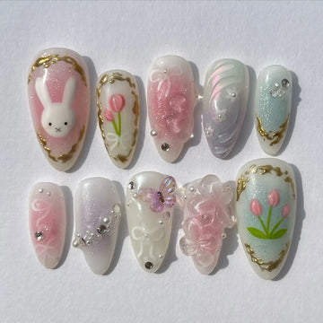 Handmade Pink White Tulip Bunny Rabbit Butterfly Pearl Spring Press on Nails W14