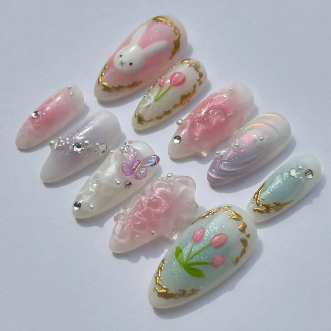 Handmade Pink White Tulip Bunny Rabbit Butterfly Pearl Spring Press on Nails W14