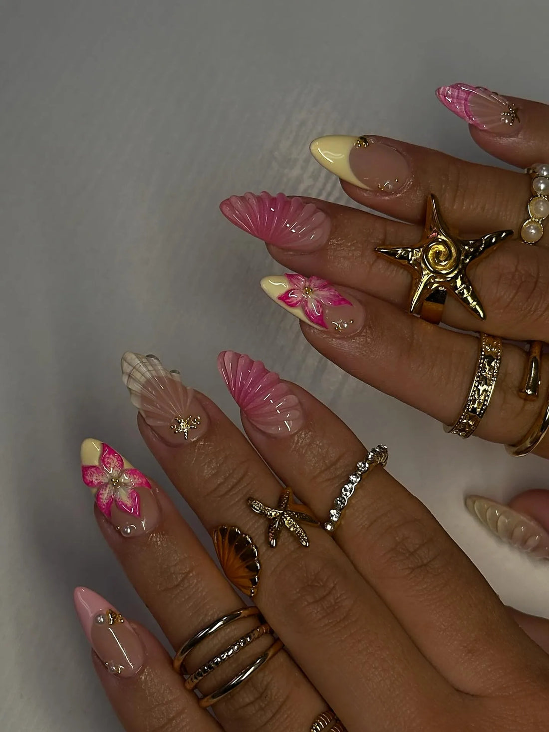 Handmade Pink Yellow 3D Flower Shell Summer Press on Nails A38