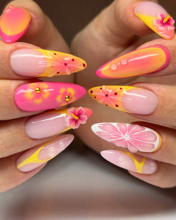 Handmade Pink and Yellow 3D Tropical Floral Summer Press on Nails M78