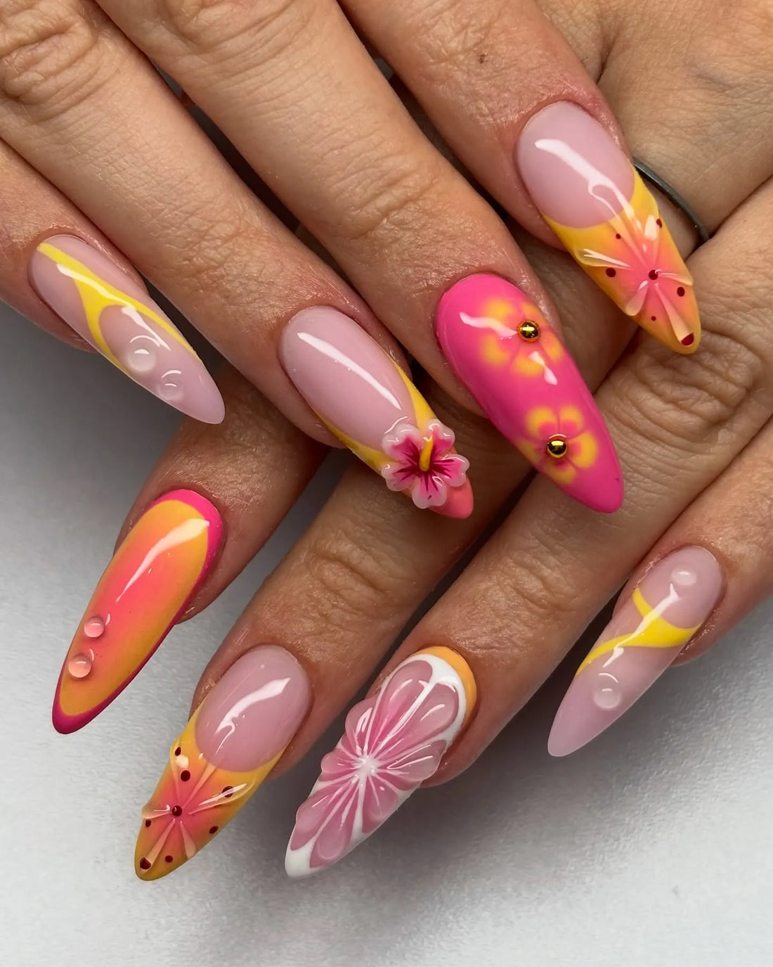 Handmade Pink and Yellow 3D Tropical Floral Summer Press on Nails M78