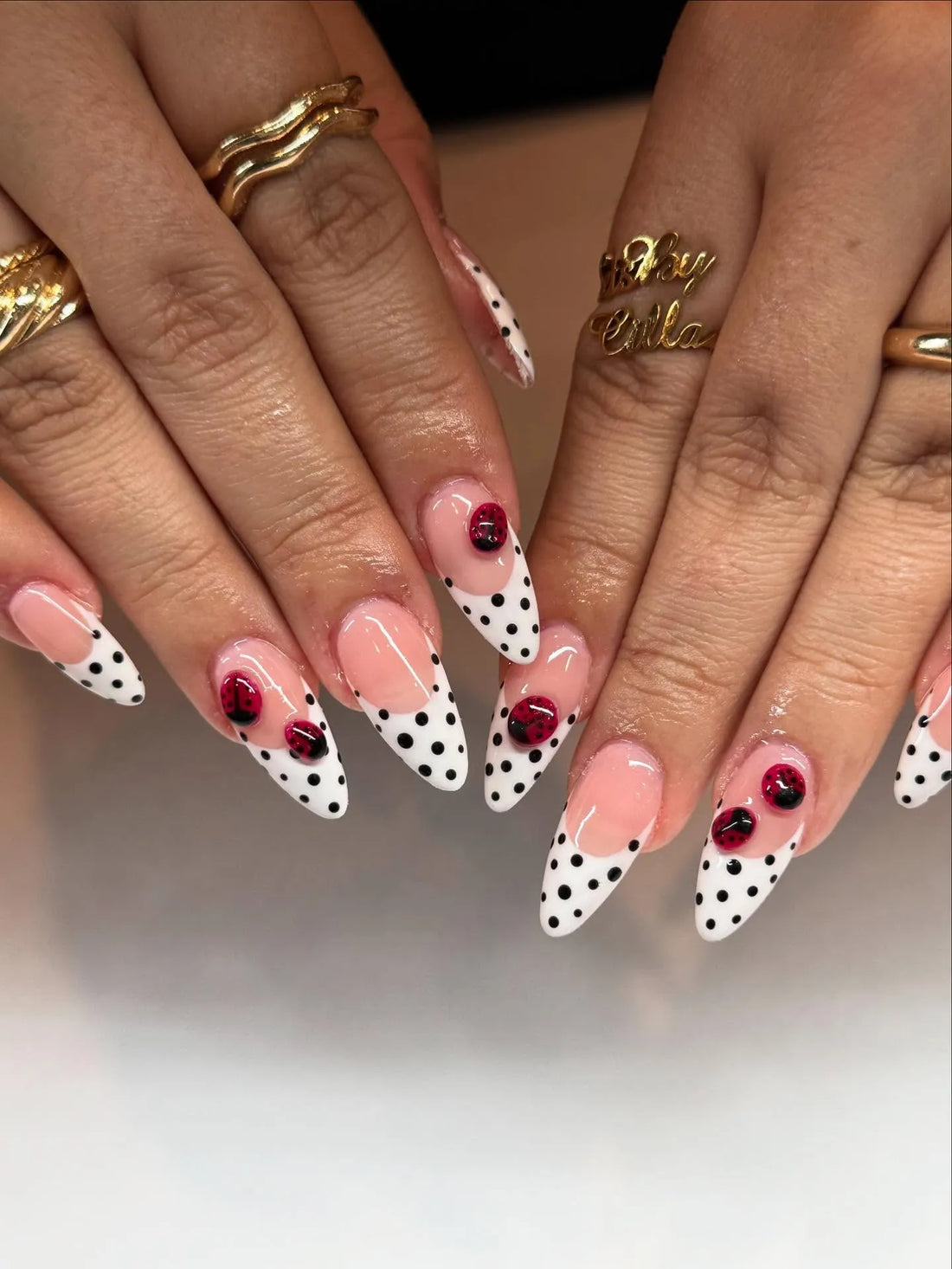 Handmade Polka Dot French Tip Cute Ladybug Cartoon Dot Press on Nails C59