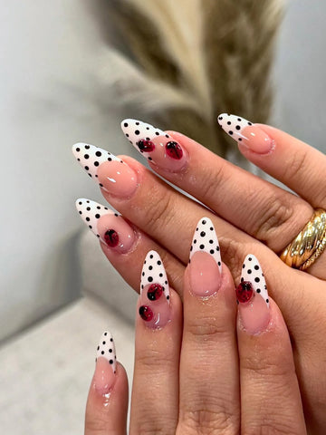 Handmade Polka Dot French Tip Cute Ladybug Cartoon Dot Press on Nails C59