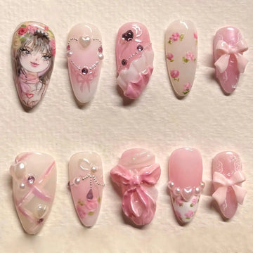 Handmade Portrait Painting Pink Floral Bow Romantic Sweet Art Press on Nails F26