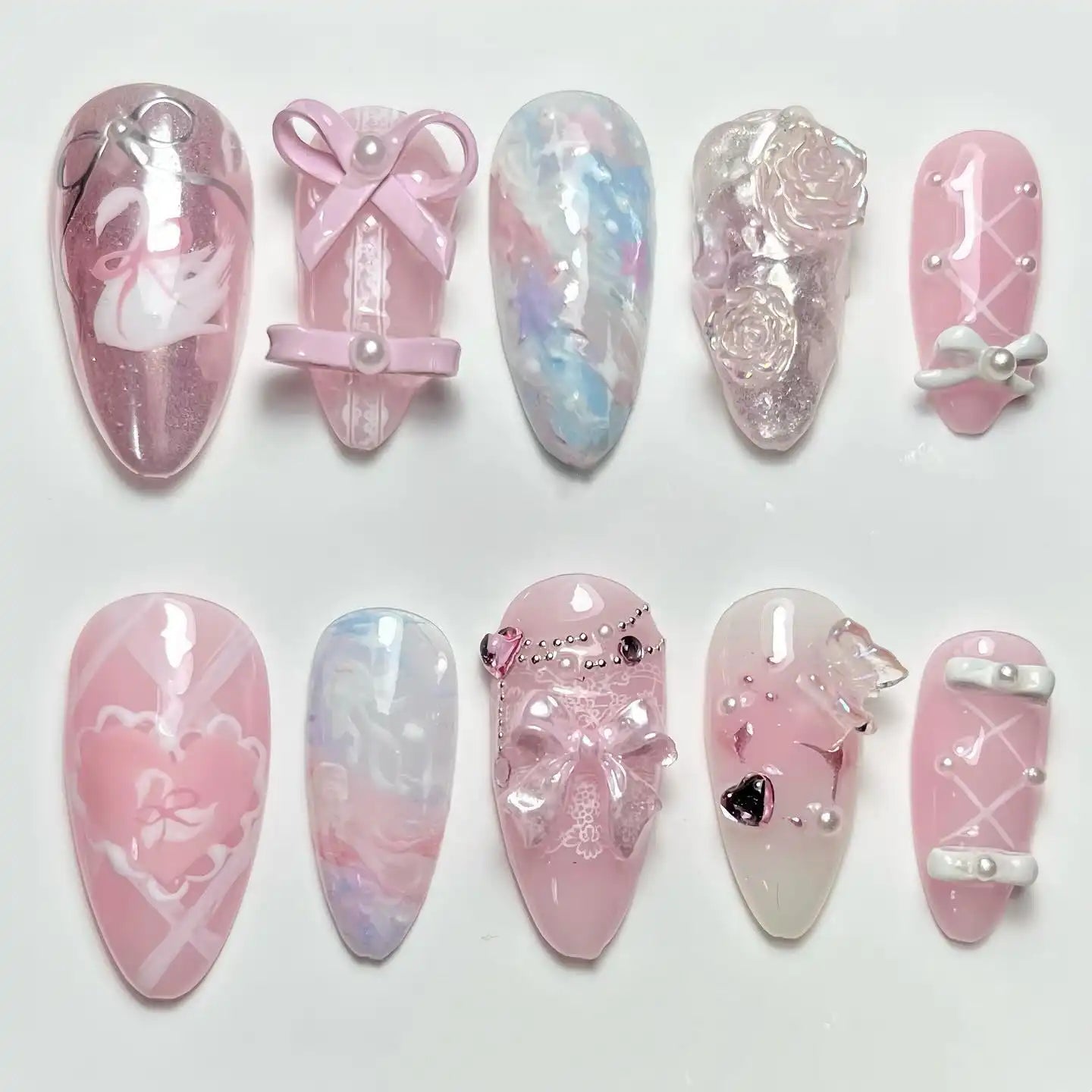 Handmade Princess Pink Marble Swan Bow Lace Rose Press on Nails X63