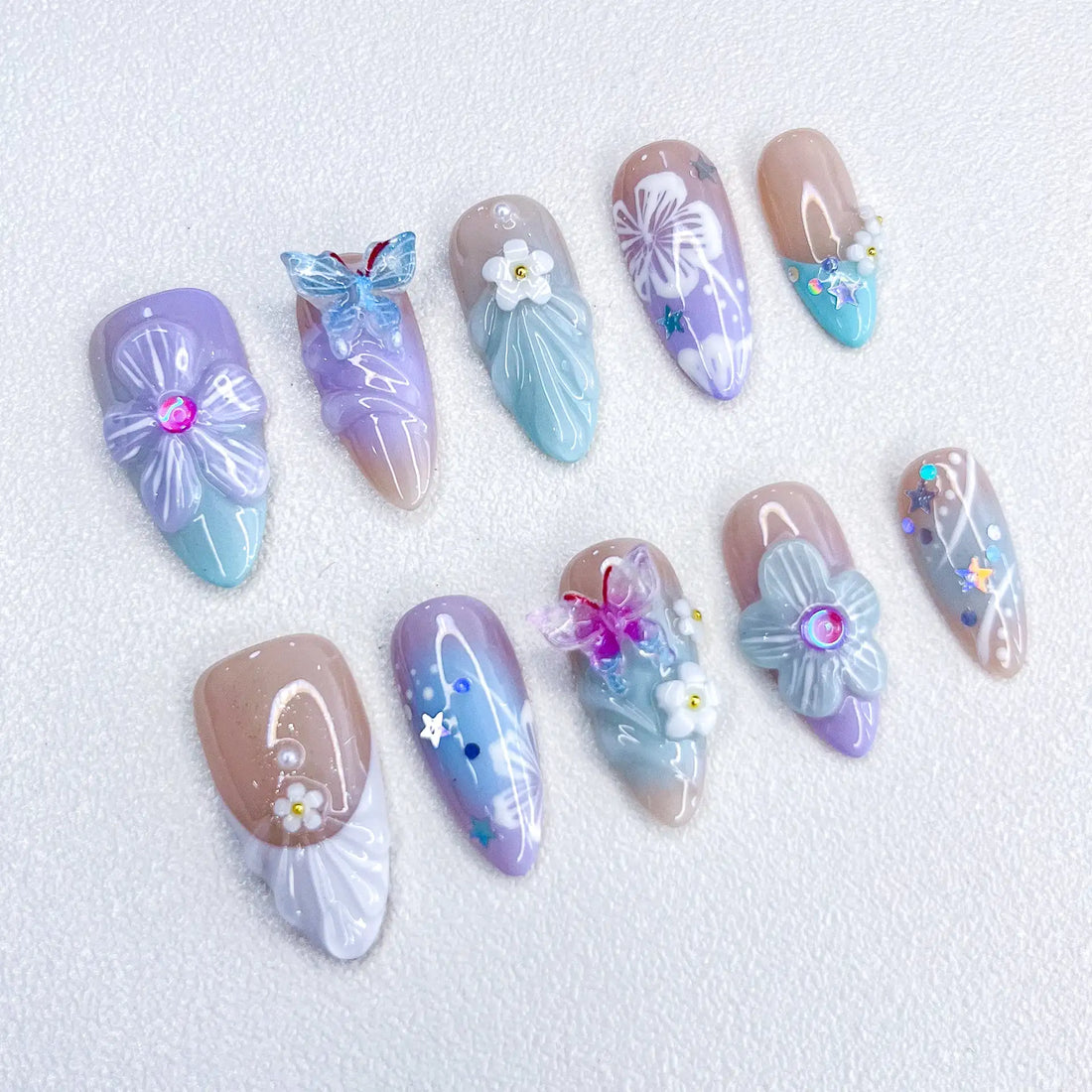 Handmade Purple Butterfly Floral Fairy Pastel Sparkle Press on Nails W66