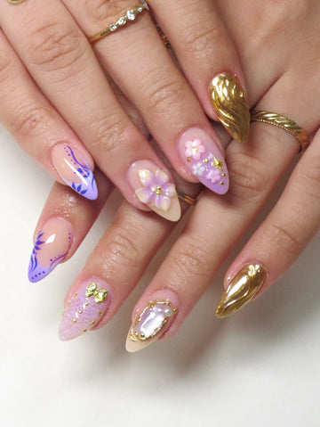 Handmade Purple Floral Gold Wave Chrome 3D Flower Pearl Fake Nails K61