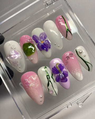 Handmade Violet Flower Spring Bloom Pearl Press on Nails E57