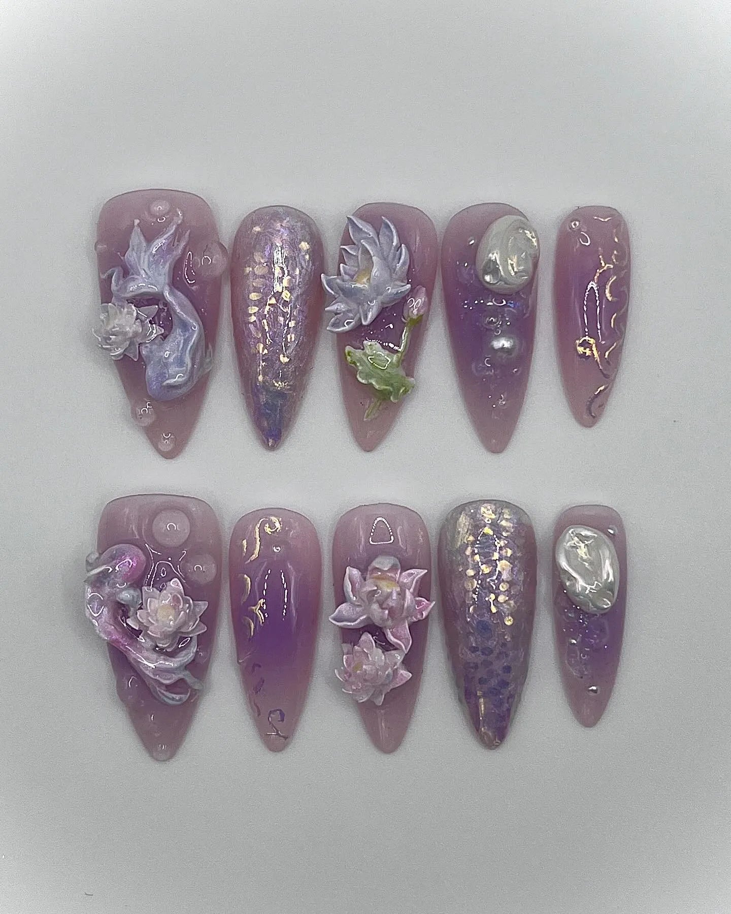 Handmade Purple Mermaid Lotus Flower 3D Fantasy Press on Nails A94