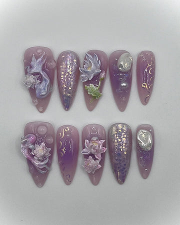 Handmade Purple Mermaid Lotus Flower 3D Fantasy Press on Nails A94