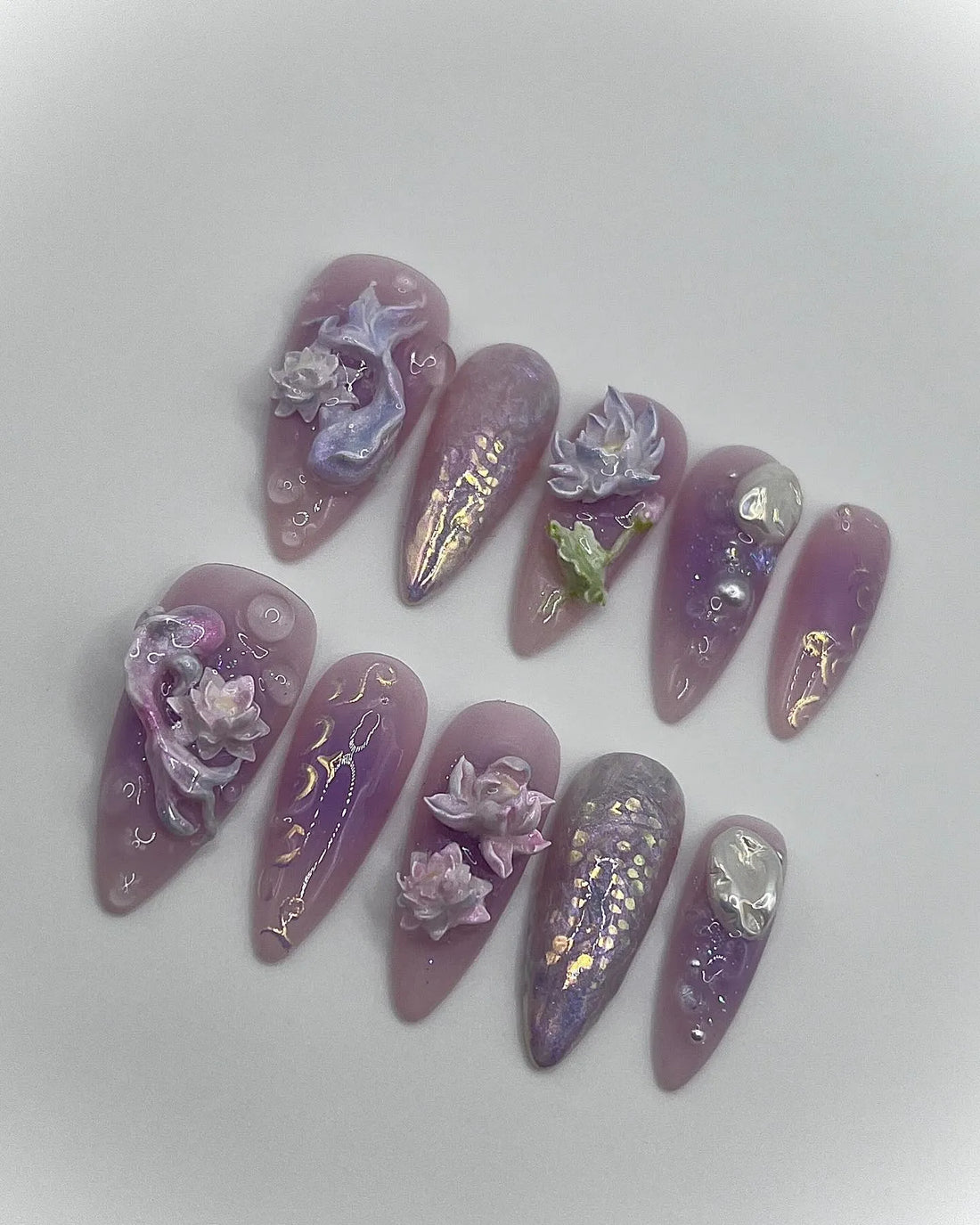 Handmade Purple Mermaid Lotus Flower 3D Fantasy Press on Nails A94