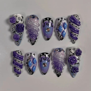 Handmade Purple Silver Glitter Rose Sculptural Fantasy Goth Press on Nails T47
